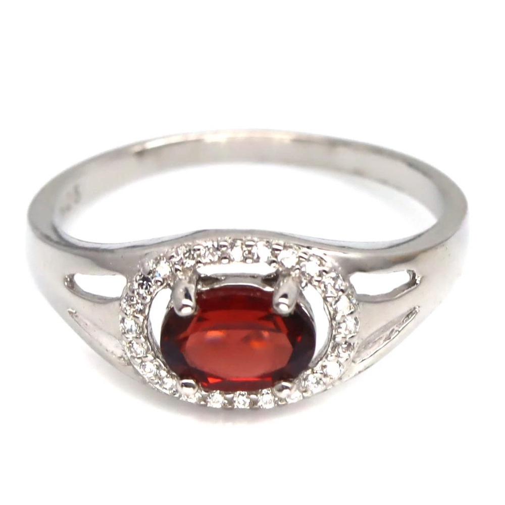 Elegant Natural Garnet 7x5mm w/ Zircon Halo in 925 Sterling Silver Gemstone Ring